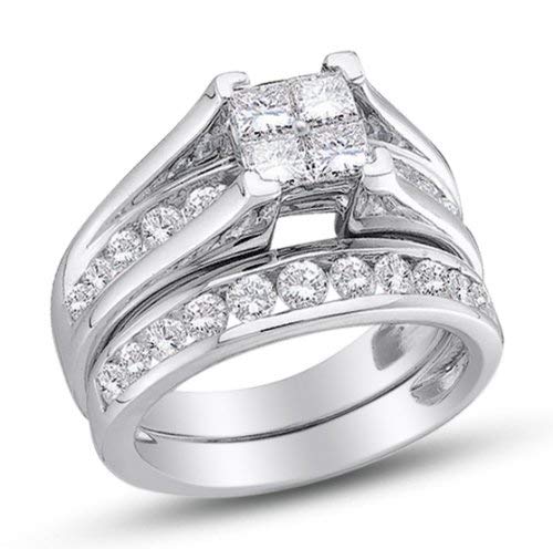 10K White Gold Princess and Round Cut Diamond Bridal Engagement Ring and Matching Wedding Band Two 2 Ring Set - Bridge Setting Invisible Set Square Princess Shape Center Setting with Channel Set Side Stones - (1/2 cttw.)