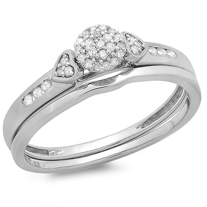 0.15 Carat (ctw) Sterling Silver Round Diamond Ladies Bridal Engagement Ring Matching Band Set