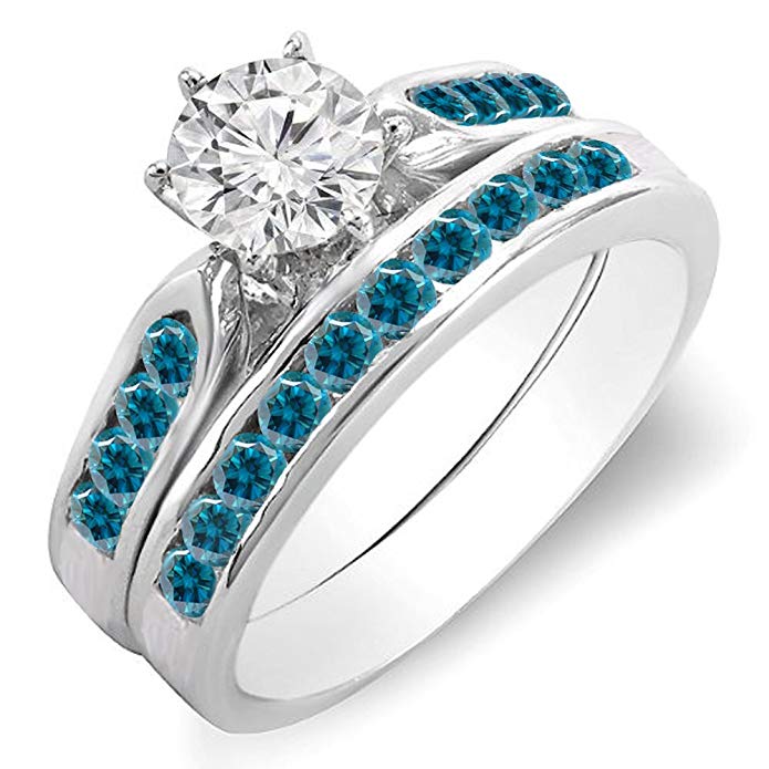 Dazzlingrock Collection 1.00 Carat (ctw) 14k Gold Round Blue & White Diamond Bridal Engagement Ring Set With Matching Band 1 CT