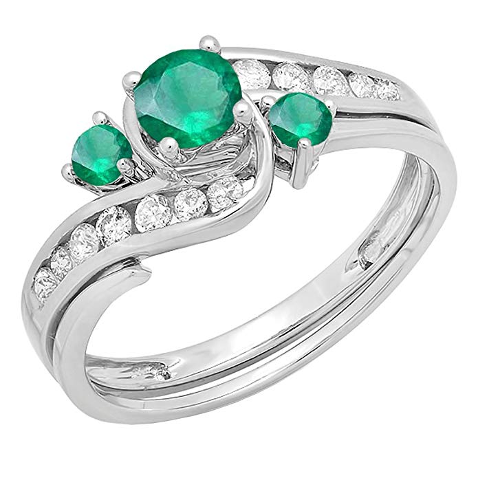 10K White Gold Round Emerald And White Diamond Ladies Swirl Bridal Engagement Ring Matching Band Set