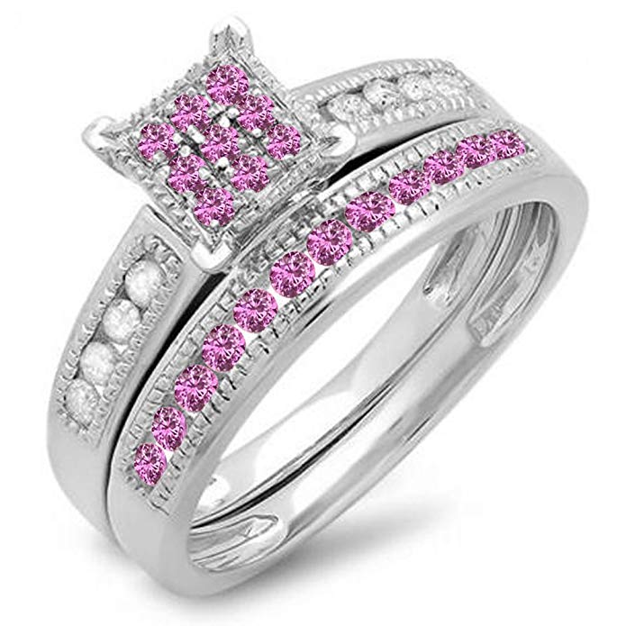 Dazzlingrock Collection Sterling Silver Round Pink Sapphire & White Diamond Ladies Engagement Bridal Ring Matching Band Set