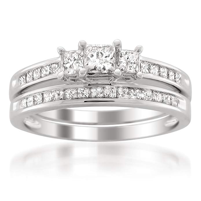 14k White Gold Princess-cut Three-Stone Diamond Bridal Set Wedding Ring (1 cttw, I-J, I1-I2)