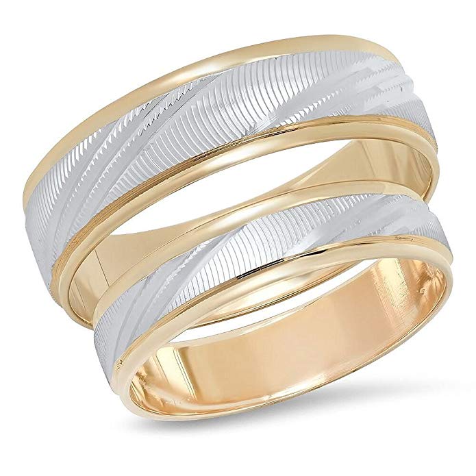 14K Solid White and Yellow Gold His & Hers Matching Wedding Band Ring Set Laser Cut (Choose a Size)