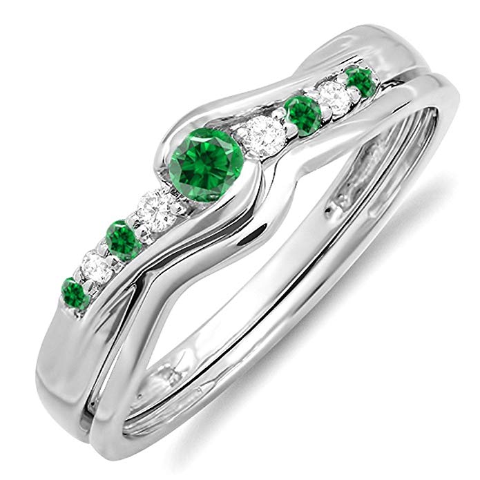 10K White Gold Emerald & White Diamond Bridal Promise Engagement Ring Set