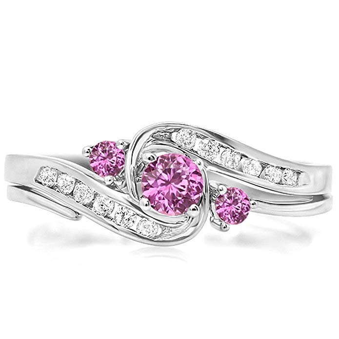 10K White Gold Round Pink Sapphire & White Diamond Swirl Bridal Engagement Ring With Matching Band Set