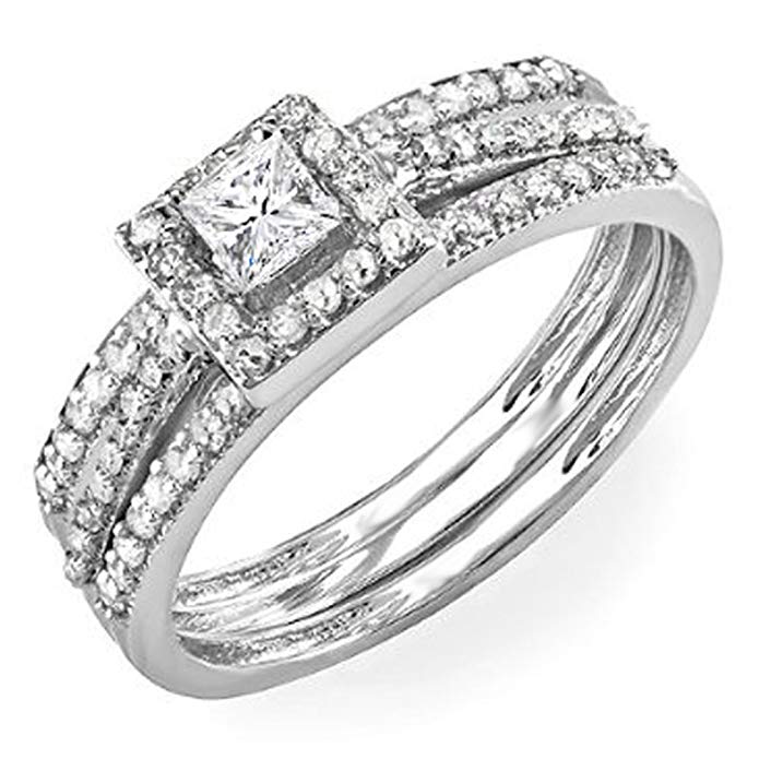 0.62 Carat (ctw) 14k White Gold Round & Princess Diamond Bridal Halo Ring Engagement Matching Band Set