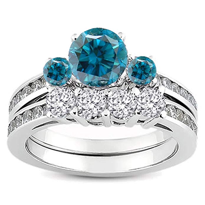 1.15 Carat (ctw) 18k White Gold Round Blue And White Diamond Bridal Engagement Ring Matching Band Set