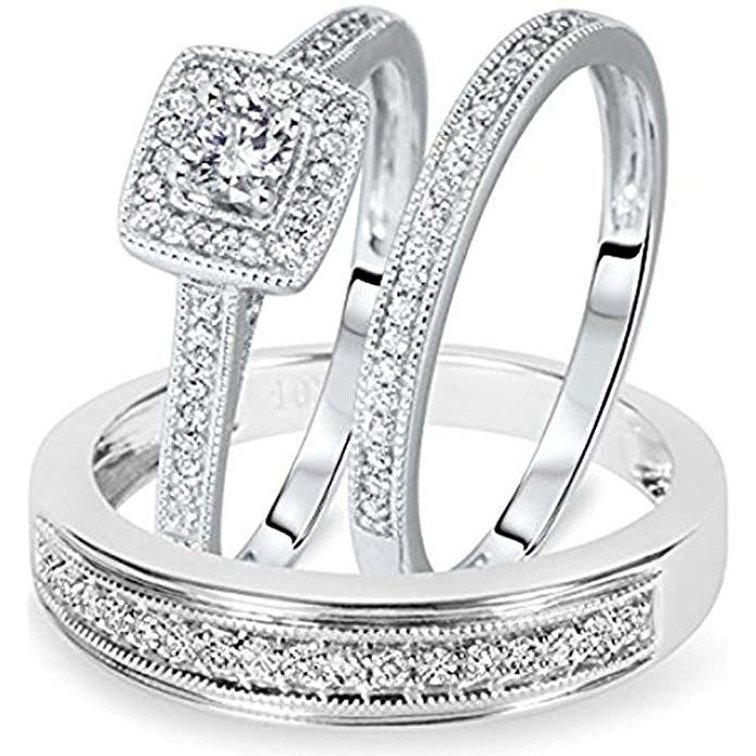 Silvercz Jewels Diamond Trio Set White Gold Fn Matching His & Her Engagement Ring Wedding Band