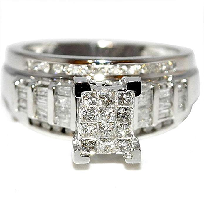 Midwest Jewellery Princess Cut Diamond Wedding Ring 3 in 1 Engagement & Bands White Gold .9ctw (J/k, I2/i3,7/8cttw)