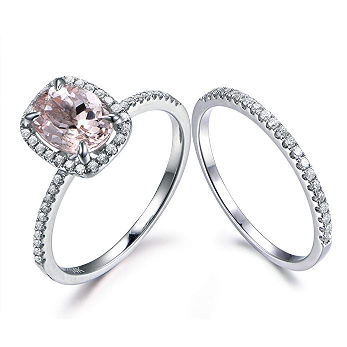 Oval Cut Morganite Wedding Ring Set Diamond Halo White Gold Simple Pave Band Thin Eternity Bridal