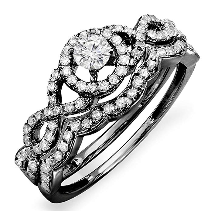 0.50 Carat (ctw) Black Rhodium Plated 14K White Gold Round Diamond Ladies Bridal Engagement Ring Set