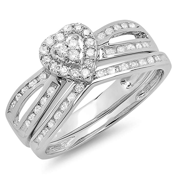 0.45 Carat (ctw) 10k White Gold Round Diamond Ladies Split Shank Heart Shaped Bridal Ring Set 1/2 CT