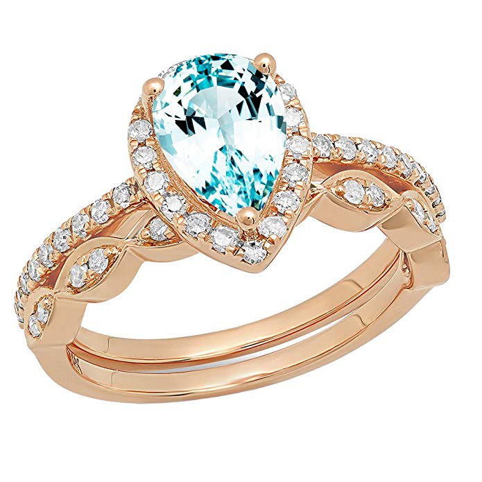 14K Rose Gold 9X6 MM Pear Gemstone & Round Diamond Ladies Engagement Ring With Matching Band Set