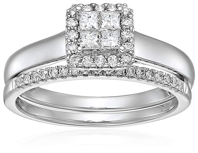 10k White Gold Diamond Quad Halo Bridal Wedding Ring Set (1/2cttw, I Color, I2 Clarity)