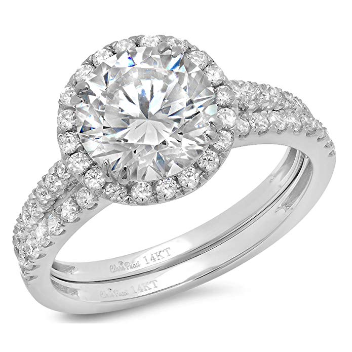 Clara Pucci 2.62 CT Round Cut Pave Double Halo Bridal Engagement Wedding Ring band set 14k White Gold