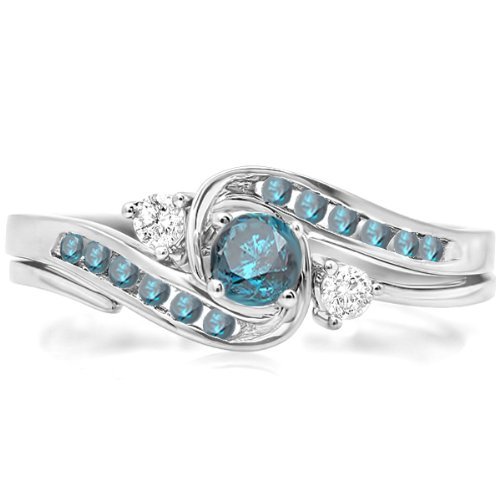 0.50 Carat (ctw) 10k White Gold Round Blue & White Diamond Ladies Swirl Bridal Engagement Ring Set 1/2 CT