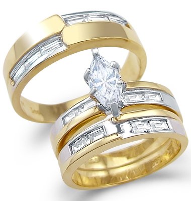Solid 14k Yellow and White Gold CZ Engagement Wedding His and Hers Trio Three Piece Ring Set