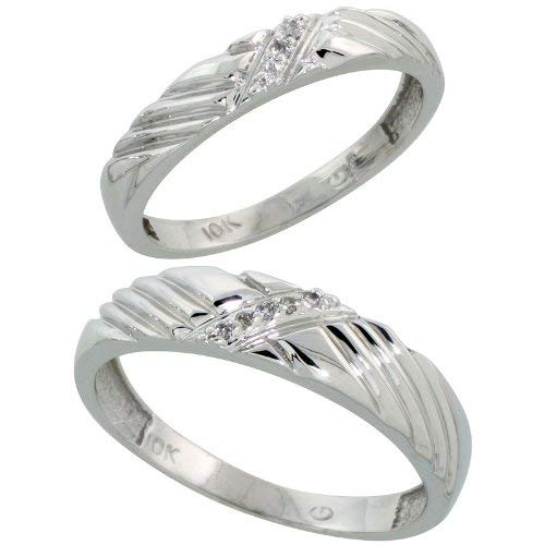 10k White Gold Diamond Wedding Rings Set for him 5 mm and her 3.5 mm 2-Piece 0.05 cttw Brilliant Cut, ladies sizes 5 – 10, mens sizes 8 - 14