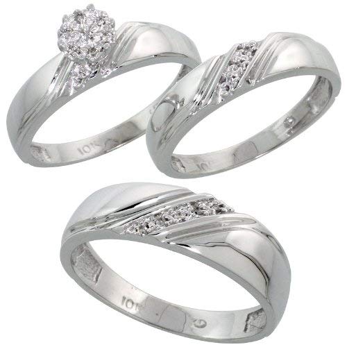 10k White Gold Diamond Trio Engagement Wedding Ring Set for Him and Her 3-piece 6 mm & 4.5 mm wide 0.10 cttw Brilliant Cut, ladies sizes 5 – 10, mens sizes 8 - 14