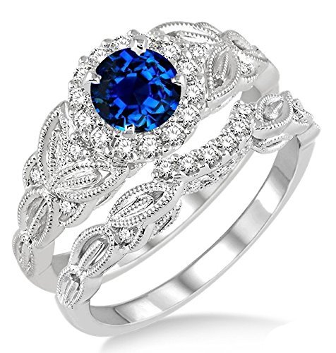 1.25 Carat Sapphire and Diamond Vintage floral Bridal Set Engagement Ring on 10k White Gold