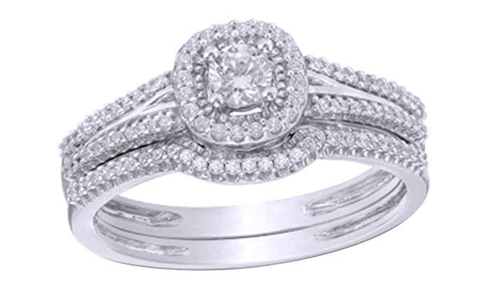 White Natural Diamond Frame Split Shank Vintage-Style Bridal Ring Set In Solid Gold (0.38 Ct)