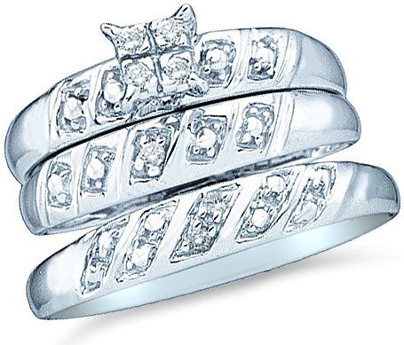 10k White Gold Mens and Ladies Couple His & Hers Trio 3 Three Ring Bridal Matching Engagement Wedding Ring Band Set - Round Diamonds - Princess Shape Center Setting (.08 cttw) - Please use drop down menu to select your desired ring sizes