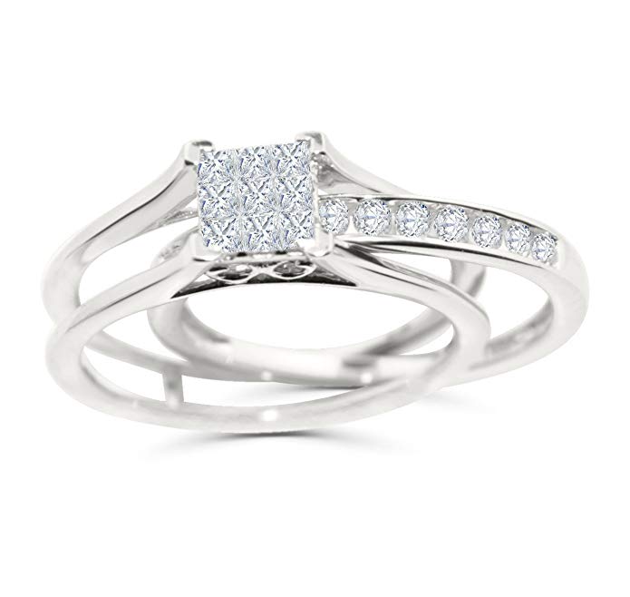 Diamond Rings Set Princess Cut Engagement Ring and Wedding Band Set 10K White or Yellow Gold 1/2ctw