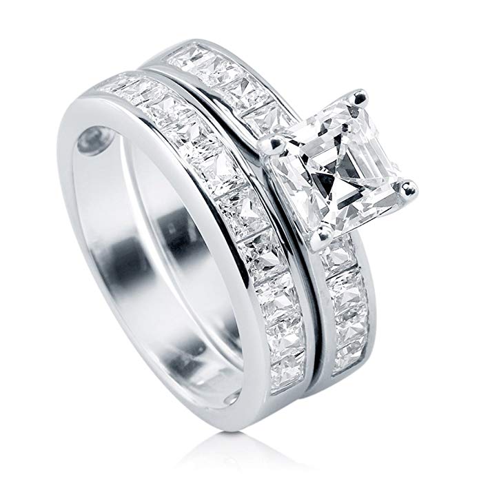 BERRICLE Rhodium Plated Sterling Silver Asscher Cut Cubic Zirconia CZ Solitaire Engagement Ring Set