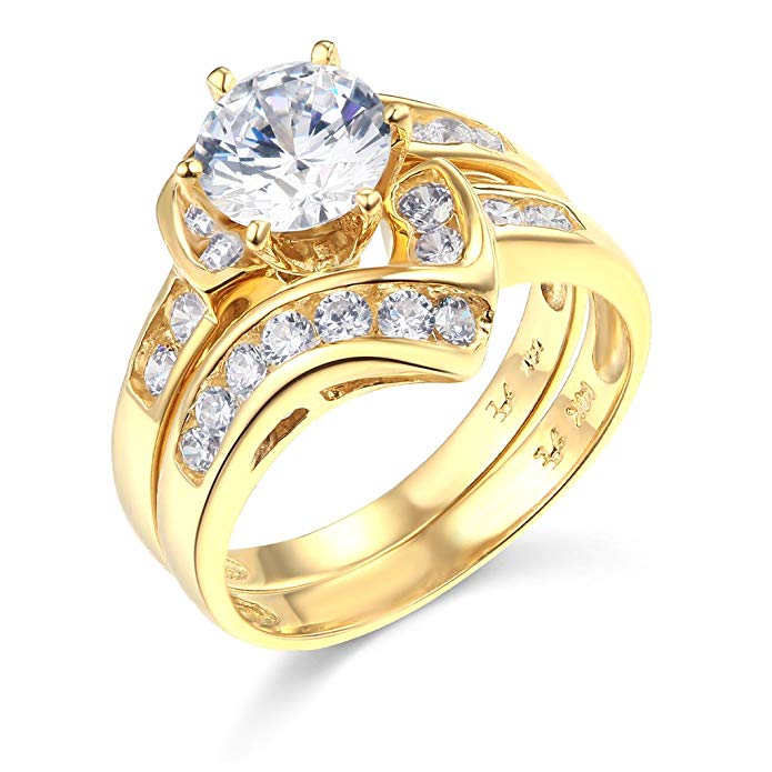 TWJC 14k Yellow Gold SOLID Wedding Engagement Ring and Wedding Band 2 Piece Set