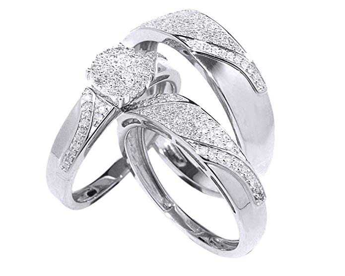 White Natural Diamond Engagement & Wedding Trio Bridal Ring Set In 10k Solid White Gold (0.5 Ct)