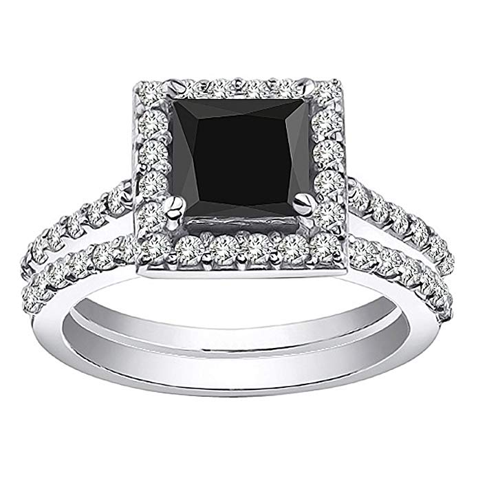 2 Carat Black Princess Square Diamond Halo Promise Bridal Band Ring Set 14K White Gold