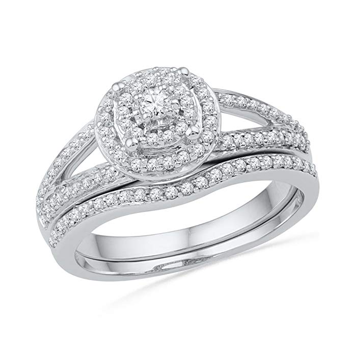 10k White Gold Womens Round Diamond Halo Bridal Wedding Engagement Ring Band Set 1/2 Cttw