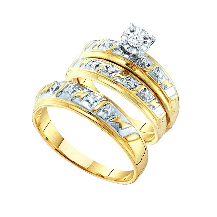 14k Two-tone Gold Trio His & Hers Round Diamond Solitaire Matching Bridal Wedding Ring Band Set 1/12 Cttw
