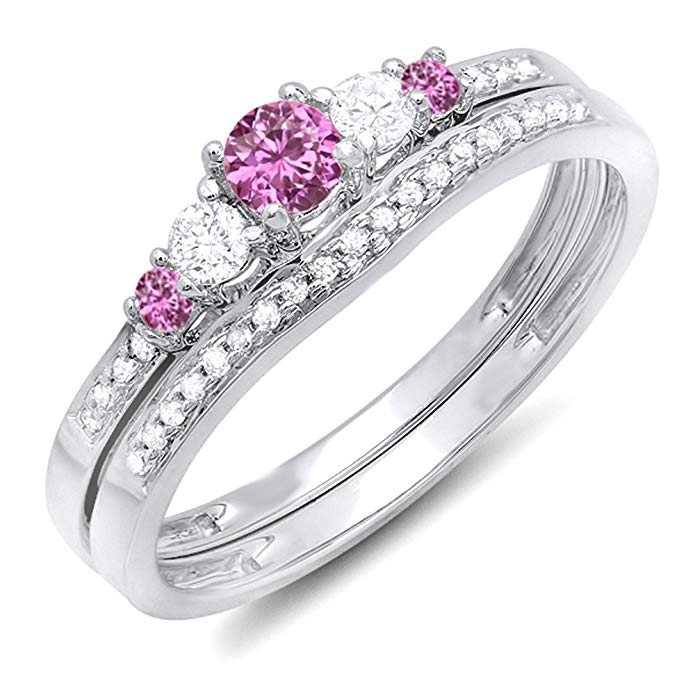 10K White Gold Round Pink Sapphire And White Diamond 5 Stone Bridal Engagement Ring Matching Band Set