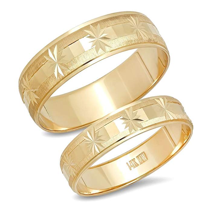 14K Solid Yellow Gold His & Her's Matching Snowflake Design Wedding Band Ring Set Satin Edge (Choose a Size)
