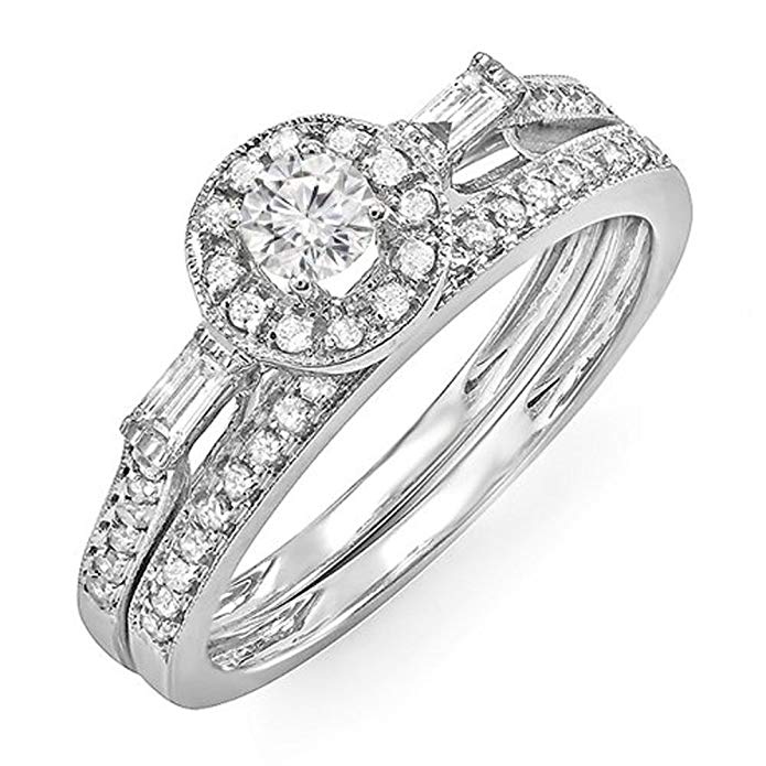 0.50 Carat (ctw) 14k White Gold Round & Baguette Diamond Ladies Bridal Ring Engagement Set 1/2 CT