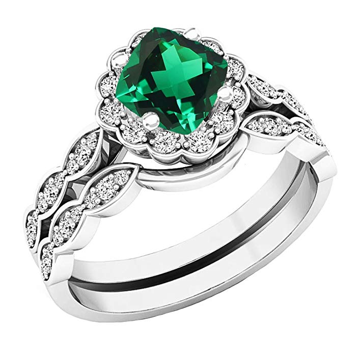 14K White Gold 5.5 MM Cushion Lab Created Gemstone & Round Diamond Ladies Halo Engagement Ring Set