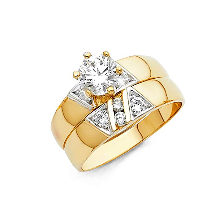 TWJC 14k Yellow Gold SOLID Engagement Ring and Wedding Band 2 Piece Set