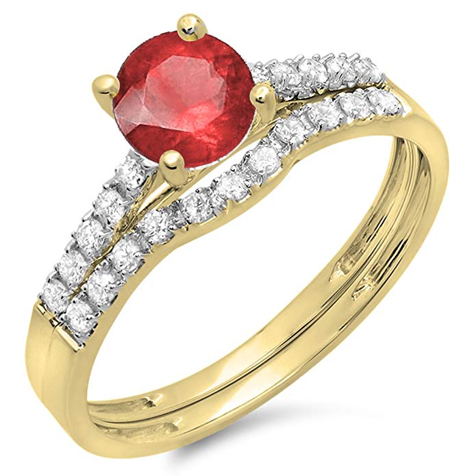 Dazzlingrock Collection 14K Gold Round Ruby & White Diamond Bridal Engagement Ring Set