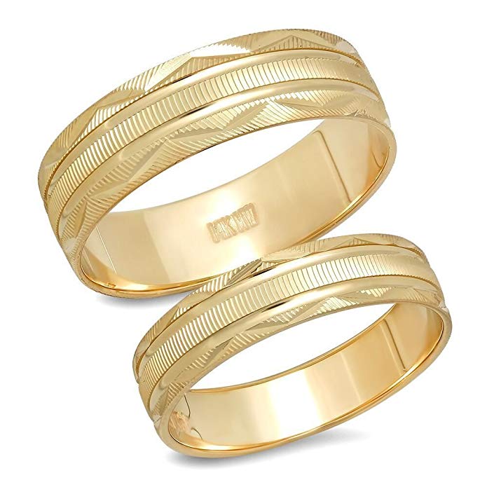 14K Solid Yellow Gold His & Her's Matching Laser Cut Design Wedding Band Ring Set (Choose a Size)