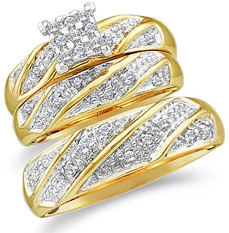 10k Yellow and White 2 Two Tone Gold Mens and Ladies Couple His & Hers Trio 3 Three Ring Bridal Matching Engagement Wedding Ring Band Set - Round Diamonds - Princess Shape Center Setting (1/4 cttw) - Please use drop down menu to select your desired ring sizes