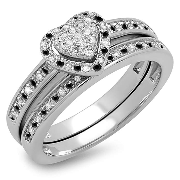 0.23 Carat (ctw) Sterling Silver Black & White Diamond Heart Shaped Bridal Engagement Ring Set 1/4 CT