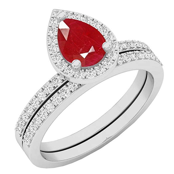 10K White Gold 7X5 MM Pear Gemstone & Round Diamond Ladies Bridal Engagement Ring Set