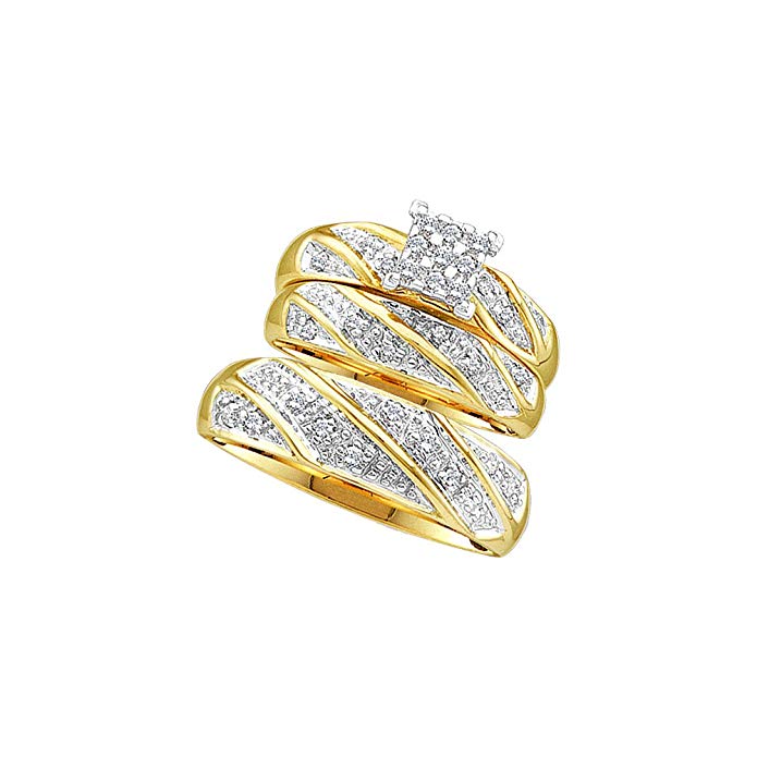 14k Yellow Gold Mens and Ladies Couple His & Hers Trio 3 Three Ring Bridal Matching Engagement Wedding Ring Band Set - Round Diamonds - Princess Shape Center Setting (1/4 cttw) - Please use drop down menu to select your desired ring sizes