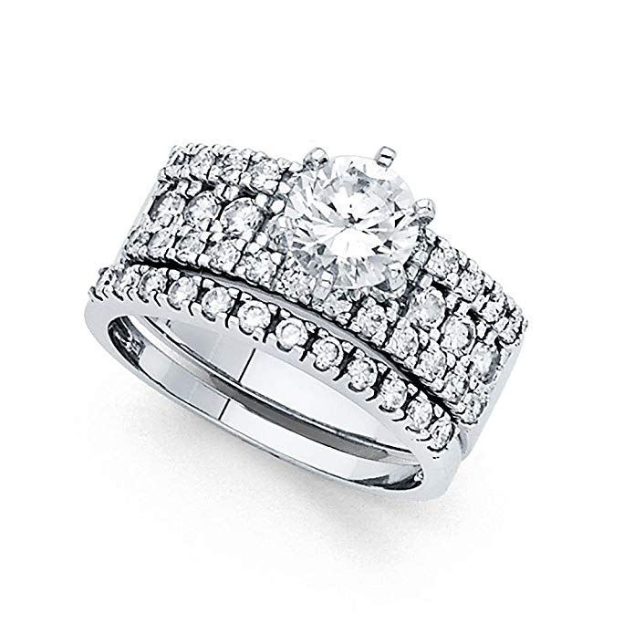 Round Solitaire CZ Bridal Rings Set 14k White Gold CZ Engagement Ring & Wedding Band Side Stones