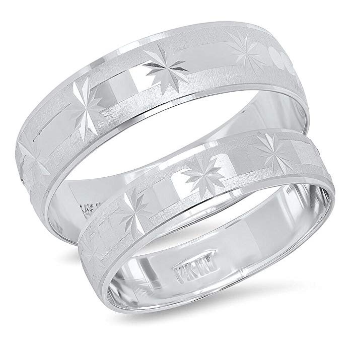 14K Solid White Gold His & Her's Matching Satin Snowflake Design Wedding Band Ring Set (Choose a Size)