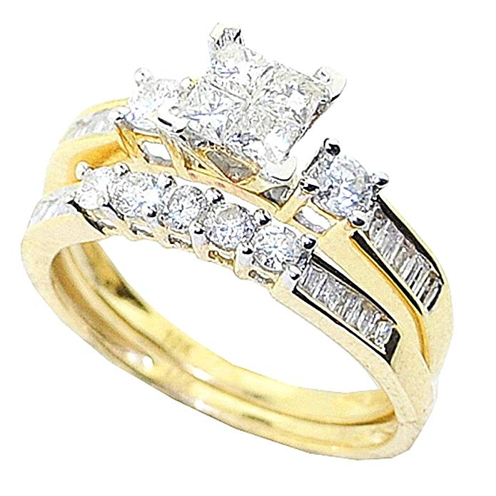 Midwest Jewellery 10K Yellow Gold Bridal Set 1cttw Princess Cut Round And Baguette Diamonds