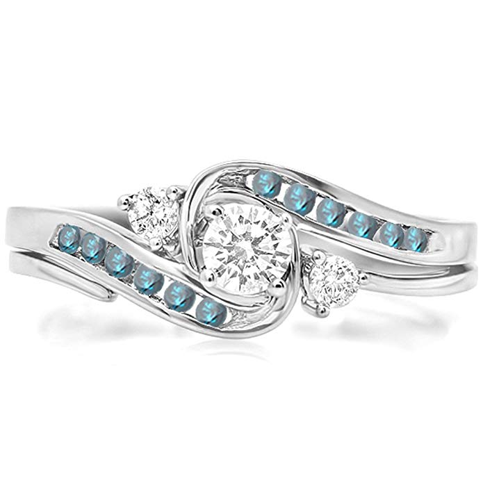 0.50 Carat (ctw) 10k White Gold Round Blue & White Diamond Ladies Swirl Bridal Engagement Ring Set 1/2 CT