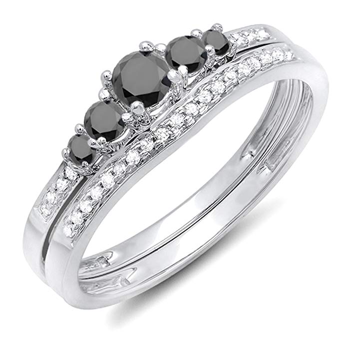 0.45 Carat (ctw) 14k White Gold Round Black & White Diamond 5 Stone Bridal Engagement Ring Set 1/2 CT