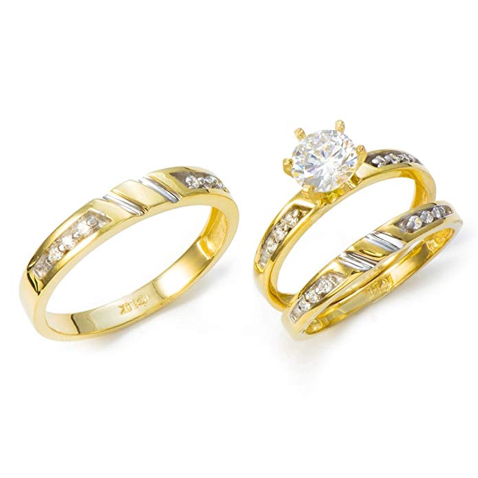 14K Yellow Gold His and Hers Cubic Zirconia (CZ) Engagement Wedding Trio Ring Set (1.22 cttw)